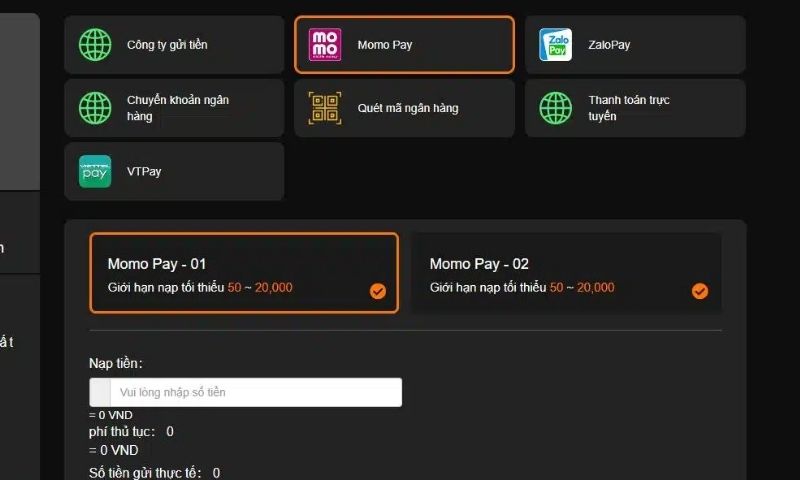 Nạp tiền vào 523bet bằng ví điện tử Momo
